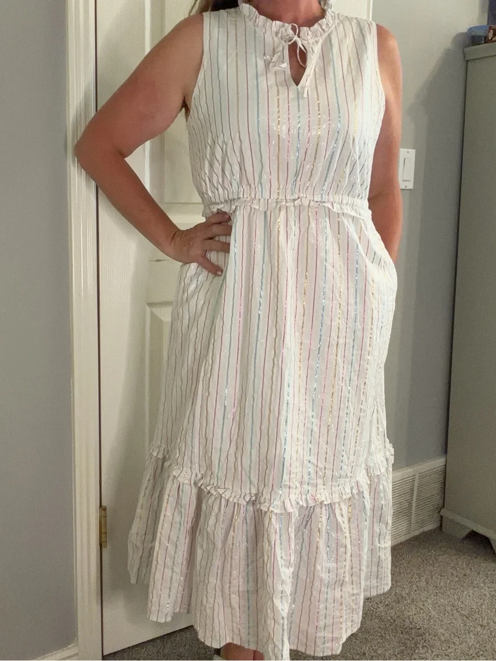 J Crew Sleeveless White Stripe Ruffle-Hem Maxi Dress